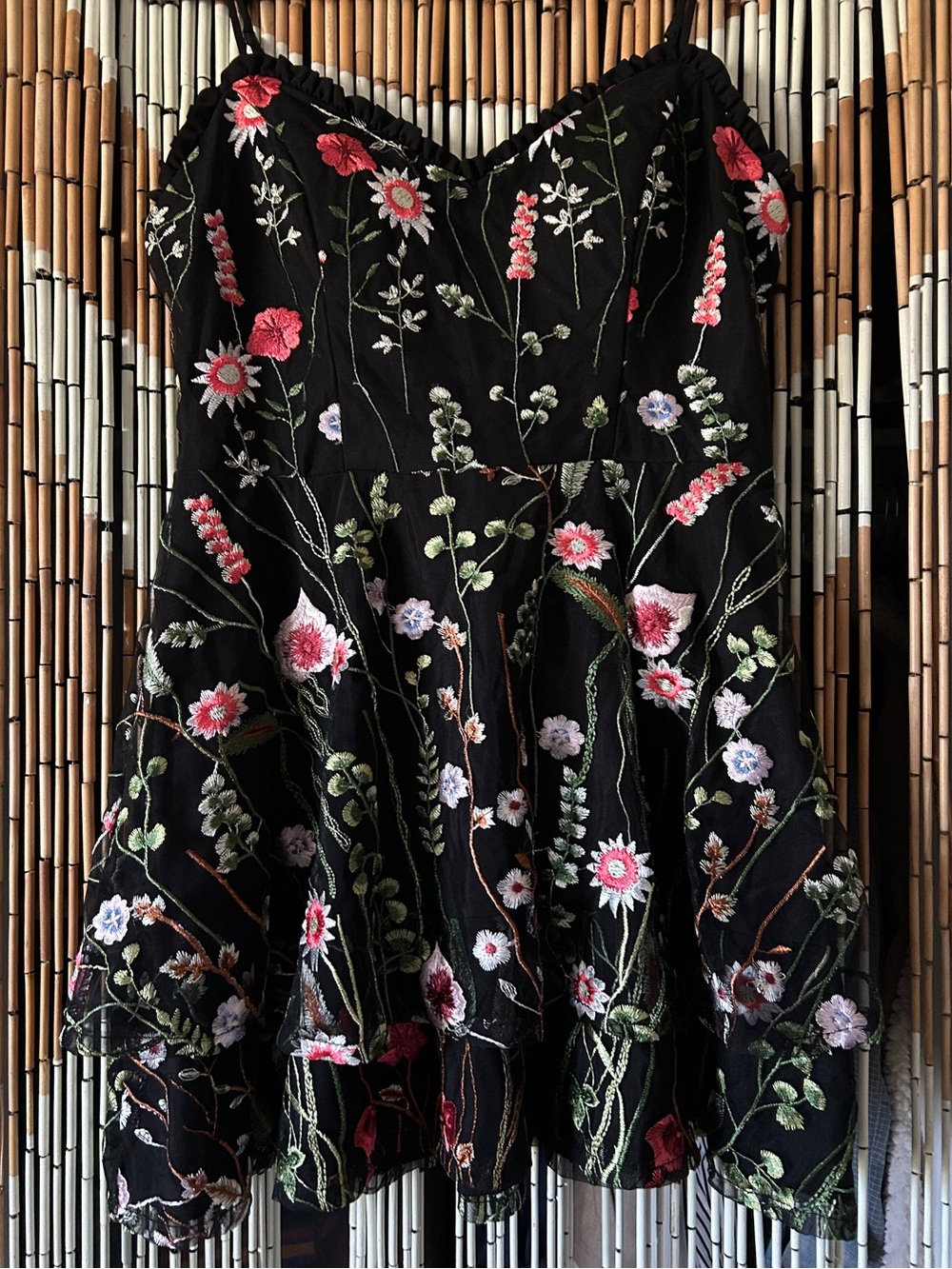 Black Floral Embroidered Dress - Women's Elegant A-Line